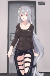Rule 34 | 1girl, arknights, bare shoulders, black pants, black shirt, bottle, breasts, clothing cutout, collarbone, commentary, cowboy shot, dated commentary, door, dress, highres, holding, holding bottle, inniyik, long hair, long sleeves, looking away, low-tied long hair, medium breasts, open mouth, pants, shirt, skadi (arknights), thigh cutout, thigh strap, very long hair, water bottle