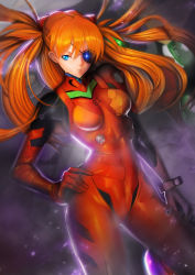 Rule 34 | 10s, 1girl, absurdres, backlighting, blue eyes, bodysuit, curvy, dutch angle, evangelion: 3.0 you can (not) redo, eyepatch, frown, glowing, hair between eyes, hand on own hip, highres, long hair, neon genesis evangelion, orange hair, plugsuit, rebuild of evangelion, red bodysuit, silvester, solo, souryuu asuka langley, standing, very long hair, wide hips