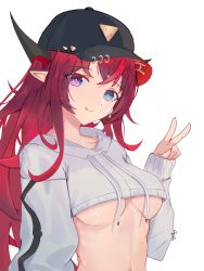 Rule 34 | 1girl, :q, absurdres, baseball cap, blue eyes, breasts, chyraliss, cropped hoodie, hat, heterochromia, highres, hololive, hololive english, hood, hoodie, horns, irys (hololive), midriff, navel, pink eyes, pointy ears, red hair, simple background, solo, tongue, tongue out, underboob, upper body, v, virtual youtuber, white background