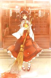 Rule 34 | 1girl, atoki, bamboo broom, bow, broom, brown eyes, brown hair, hair bow, hair tubes, hakurei reimu, highres, light particles, mary janes, pigeon-toed, rope, shide, shimenawa, shoes, shrine, solo, touhou