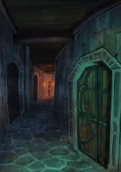 Rule 34 | door, dungeon, fantasy, hallway, highres, indoors, no humans, nomu103, original, scenery, torch, underground, wooden door