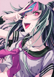 Rule 34 | 1girl, anianiani0607, arm up, black nails, blue hair, blunt bangs, blush, collarbone, commentary request, crop top, danganronpa: trigger happy havoc, danganronpa (series), dutch angle, ear piercing, green hair, green sailor collar, hair horns, highres, jewelry, long hair, looking at viewer, mioda ibuki, multicolored hair, nail polish, neckerchief, necklace, open mouth, piercing, pink eyes, pink hair, pink neckerchief, polka dot, polka dot background, sailor collar, shirt, short sleeves, sidelocks, smile, solo, streaked hair, teeth, tongue, tongue out, upper body, upper teeth only, white shirt