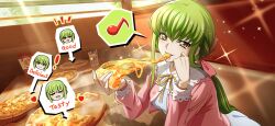 Rule 34 | !, 1girl, arrow (symbol), artist request, blush, breasts, c.c., cheese trail, chibi, chibi inset, code geass, code geass: lost stories, cup, day, dress, drinking glass, eating, female focus, food, game cg, green hair, grey dress, hair ribbon, half-closed eyes, hand on own cheek, hand on own face, hands up, happy, head rest, heart, highres, holding, holding food, holding pizza, jacket, leaning forward, light blush, long hair, long sleeves, looking at viewer, low ponytail, medium breasts, menu, musical note, neck ribbon, non-web source, notice lines, official art, open clothes, open jacket, pink jacket, pink ribbon, pizza, pizza slice, restaurant, ribbon, sidelocks, sitting, smile, solo, sparkle, speech bubble, spoken musical note, steam, table, teeth, window, yellow eyes, yellow ribbon