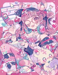 Rule 34 | 1girl, absurdres, baseball cap, blue nails, bow, bracelet, breasts, candy, cellphone, cherry, cleavage, commentary, controller, flip phone, food, fruit, game controller, glasses, hair bow, hat, headphones, headphones around neck, highres, jewelry, lollipop, long hair, medium breasts, multiple rings, one eye closed, original, phone, piercing, pink-framed eyewear, pink eyes, pink hair, pink nails, pink thighhighs, ring, round eyewear, socks, solo, symbol-only commentary, thighhighs, tongue, tongue out, tongue piercing, white socks, window (computing), wing hair ornament, yumenouchi chiharu