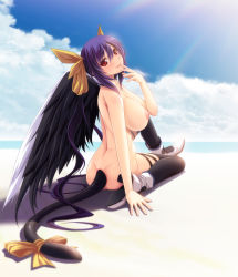 Rule 34 | 1girl, ass, asymmetrical wings, beach, blush, boots, breasts, cloud, day, dizzy (guilty gear), guilty gear, guilty gear x, guilty gear xx, hair ribbon, huge breasts, long hair, looking at viewer, looking back, nipples, nude, outdoors, purple hair, rainbow, red eyes, ribbon, shiragi, shoes, sitting, sky, smile, solo, tail, tail ornament, tail ribbon, thighhighs, twintails, water, wings