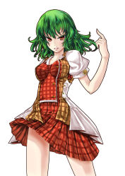 Rule 34 | 1girl, adapted costume, bad id, bad pixiv id, breasts, female focus, green hair, impossible clothes, impossible shirt, kazami yuuka, orange eyes, plaid, plaid skirt, r0g0b0, red eyes, shirt, short hair, skirt, solo, touhou, white background