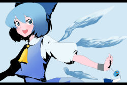 Rule 34 | 1girl, blue eyes, blue hair, bow, cirno, embodiment of scarlet devil, female focus, hair bow, letterboxed, matching hair/eyes, motsuni (artist), short hair, solo, touhou, wind chime, wings