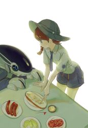 Rule 34 | 1girl, black headwear, blue eyes, blue necktie, blue shorts, bread, brown hair, butter knife, claws, closed mouth, collared shirt, commentary request, creatures (company), food, game freak, hat, highres, holding utensil, juliana (pokemon), korean commentary, lettuce, mayonnaise, medium hair, miraidon, necktie, nintendo, plate, pokemon, pokemon (creature), pokemon sv, sausage, school uniform, shirt, shorts, simple background, table, tomato, tongue, tongue out, tut nin, uva academy school uniform, white background, white shirt