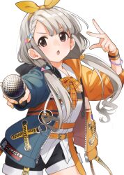 Rule 34 | 1girl, belt, black shorts, blush, booota, bow, bowtie, bracelet, braid, braided bangs, brown eyes, cowboy shot, dot nose, grey hair, hair bow, hair ornament, hair ribbon, hand up, hisakawa nagi, holding, holding microphone, hood, hood down, hoodie, idolmaster, idolmaster cinderella girls, idolmaster cinderella girls starlight stage, jacket, jewelry, long hair, long sleeves, looking at viewer, low twintails, microphone, multicolored clothes, multicolored jacket, open clothes, open hoodie, open mouth, orange nails, plaid, plaid bow, plaid bowtie, reaching, reaching towards viewer, ribbon, shirt, shorts, simple background, solo, twintails, two-tone jacket, v-shaped eyebrows, very long hair, w, white background, white shirt, yellow belt, yellow bow, yellow bowtie, yellow ribbon, yellow wristband, zipper, zipper pull tab