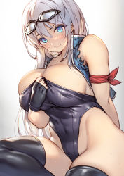 Rule 34 | 1girl, absurdres, armband, black gloves, black one-piece swimsuit, black thighhighs, blue eyes, blush, breasts, cleavage, clothes pull, collarbone, denim, denim jacket, fingerless gloves, gloves, goggles, goggles on head, gougasha akira, highres, jacket, large breasts, long hair, looking at viewer, one-piece swimsuit, one-piece swimsuit pull, original, simple background, smile, solo, sweat, swimsuit, thighhighs, white background, white hair
