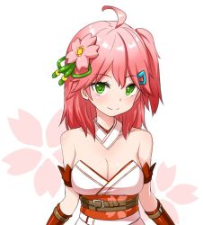Rule 34 | 1girl, ahoge, bare shoulders, blush, breasts, cherry blossoms, cleavage, closed mouth, collarbone, detached collar, detached sleeves, flower, green eyes, hair flower, hair ornament, hairclip, hololive, medium breasts, medium hair, obi, one side up, pink hair, sakura miko, sakura miko (old design), sash, simple background, solo, upper body, virtual youtuber, zaxwu