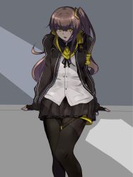 Rule 34 | 1girl, arms behind back, black gloves, black jacket, black pantyhose, black skirt, blouse, brown hair, chinese commentary, feet out of frame, fingerless gloves, girls&#039; frontline, gloves, hassan (diaoyagld), highres, jacket, long hair, looking at viewer, neck ribbon, open clothes, open jacket, open mouth, pantyhose, ribbon, scar, scar across eye, shirt, side ponytail, simple background, skirt, solo, standing, twitter username, ump45 (girls&#039; frontline), white shirt, yellow eyes