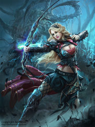 Rule 34 | 1girl, alex negrea, arrow (projectile), blonde hair, blue eyes, boots, bow (weapon), breasts, cleavage, curly hair, grass, hair ornament, large breasts, leaf, legend of the cryptids, lipstick, long hair, makeup, midriff, navel, official art, rock, solo, tree, watermark, weapon, web address