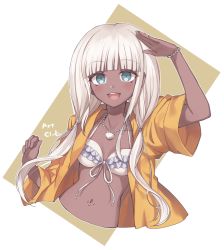 Rule 34 | 1girl, :d, arm up, bead bracelet, beads, bikini, blue eyes, blunt bangs, blush, bracelet, breasts, collarbone, cropped torso, danganronpa (series), danganronpa v3: killing harmony, dark-skinned female, dark skin, frilled bikini, frills, jacket, jewelry, juugonichi (wheeliex2), long hair, long sleeves, looking at viewer, low twintails, navel, navel piercing, necklace, open mouth, orange background, piercing, shell, shell necklace, small breasts, smile, solo, swimsuit, teeth, transparent background, twintails, upper body, upper teeth only, white hair, wide sleeves, yellow jacket, yonaga angie