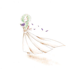 Rule 34 | 1girl, bob cut, bouquet, closed eyes, colored skin, creatures (company), female focus, flower, from side, full body, game freak, gardevoir, gen 3 pokemon, green hair, green skin, highres, holding, holding bouquet, misa (pixiv 27456570), multicolored skin, nintendo, petals, pokemon, pokemon (creature), profile, purple flower, short hair, simple background, solo, standing, two-tone skin, u u, white background, white skin