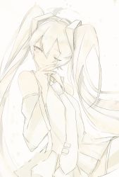Rule 34 | 1girl, ahoge, bare shoulders, commentary, cowboy shot, detached sleeves, hair ornament, hand on own chin, hatsune miku, head tilt, highres, index finger raised, long hair, looking to the side, miniskirt, monochrome, necktie, one eye closed, shirt, sitting, sketch, skirt, sleeveless, sleeveless shirt, smile, solo, thighhighs, thinking, twintails, very long hair, vocaloid, wsk 64, zettai ryouiki