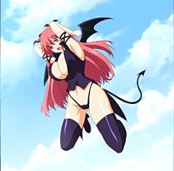 Rule 34 | 1girl, boots, breasts, cleavage, cloud, day, demon girl, demon tail, demon wings, firika mia shatana, head wings, huge breasts, long hair, nukidoki!, purple eyes, red hair, screencap, sky, solo, demon girl, tail, thigh boots, thighhighs, twintails, wings
