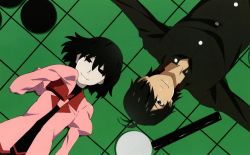 Rule 34 | 1boy, 1girl, androgynous, antenna hair, araragi koyomi, artist request, black eyes, black hair, black undershirt, board game, bob cut, breasts, commentary, empty eyes, gakuran, green background, grid, grid background, hair over one eye, hand to own mouth, highres, lying, monogatari (series), naoetsu high school uniform, narrowed eyes, on back, oshino ougi, outstretched arms, pale skin, pink shirt, puffy sleeves, reversi, rotational symmetry, scan, school uniform, shirt, short hair, sleeves past fingers, sleeves past wrists, small breasts, smile, turtleneck, undershirt, upper body