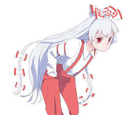 Rule 34 | bow, collared shirt, d@i, fujiwara no mokou, hair bow, hands in pockets, long hair, pants, red eyes, red pants, shirt, silver hair, simple background, solo, suspenders, touhou, white background, white shirt