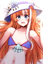 Rule 34 | 1girl, akikawa yayoi (umamusume), bed, blue eyes, blush, breasts, closed mouth, commentary request, fang, hat, hatsuneriku, highres, looking at viewer, lying, multicolored hair, navel, open mouth, orange hair, small breasts, solo, swimsuit, umamusume