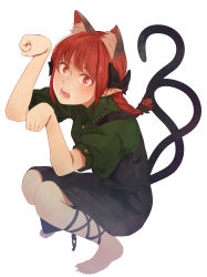 Rule 34 | 1girl, animal ears, barefoot, black bow, black dress, black ribbon, bow, braid, buttons, cat ears, cat tail, collared shirt, cross-laced clothes, cross-laced legwear, dress, fangs, frilled shirt collar, frills, frontier  m, full body, green shirt, hair bow, hair ribbon, highres, kaenbyou rin, kobaji, leg ribbon, looking at viewer, multiple tails, open mouth, paw pose, puffy short sleeves, puffy sleeves, red eyes, red hair, ribbon, sharp toenails, shirt, short sleeves, sleeve cuffs, slit pupils, solo, squatting, strap, tail, toenails, touhou, tress ribbon, twin braids, two tails