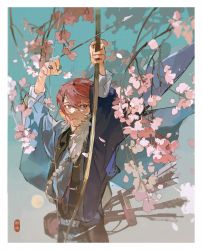 Rule 34 | 1boy, archery, arms up, arrow (projectile), beads, border, bow (weapon), branch, closed mouth, dappled sunlight, drawing bow, ensemble stars!, flower, frown, full moon, fur trim, gradient sky, highres, holding, holding bow (weapon), holding weapon, long sleeves, looking away, male focus, moon, pink flower, plant, purple eyes, quiver, red hair, robe, short hair, shuyu08382645, sideways glance, sky, solo, sunlight, suou tsukasa, upper body, weapon, wind