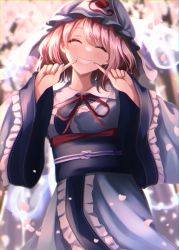 Rule 34 | 1girl, absurdres, belt, black belt, blue dress, blue hat, blue kimono, blue nails, blurry, blurry background, blush, bow, bowtie, breasts, cherry blossoms, closed eyes, closed mouth, commentary request, dress, fingernails, frills, ghost, hair between eyes, hands up, hat, highres, japanese clothes, kimono, long fingernails, long sleeves, medium breasts, mob cap, nail polish, petals, pink hair, red bow, red bowtie, saigyouji yuyuko, shiranui (wasuresateraito), short hair, smile, solo, standing, teeth, touhou, tree, triangular headpiece, wide sleeves