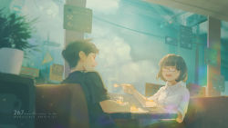 Rule 34 | 1boy, 1girl, birthday, black hair, blunt bangs, blurry, cake, closed eyes, cloud, couple, dated, dating, depth of field, drink, eating, food, fork, glasses, happy, highres, indoors, laughing, lens flare, muted color, open mouth, original, plant, potted plant, power lines, restaurant, road sign, short hair, sign, sky, table, traffic light, window, wudi sao nian