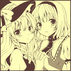 Rule 34 | 2girls, alice margatroid, bad id, bad pixiv id, blush, bow, female focus, hair bow, hairband, holding hands, hat, interlocked fingers, kirisame marisa, monochrome, multiple girls, open mouth, own hands together, short hair, tottoto tomekichi, touhou, witch, witch hat