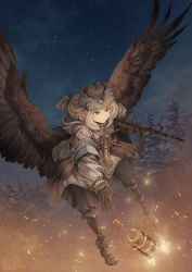 Rule 34 | 1girl, asterisk kome, blonde hair, boots, feathered wings, feathers, female focus, flying, gun, hat, highres, jacket, military, military uniform, molotov cocktail, monster girl, night, original, solo, uniform, weapon, wings