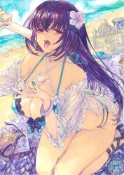 1girl bare_shoulders beach bikini blush breasts chikinan_tarou cleavage fate/grand_order fate_(series) flower food green_bikini hair_flower hair_ornament highres large_breasts long_hair long_sleeves looking_at_viewer open_mouth painting_(medium) popsicle purple_hair red_eyes scathach_(fate) scathach_skadi_(fate) scathach_skadi_(swimsuit_ruler)_(fate) scathach_skadi_(swimsuit_ruler)_(final_ascension)_(fate) see-through_clothes solo swimsuit traditional_media watercolor_(medium)