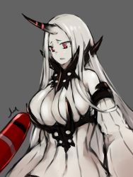 Rule 34 | 10s, 1girl, abyssal ship, ammunition, bad id, bad pixiv id, bare shoulders, breasts, cleavage cutout, clothing cutout, colored skin, detached sleeves, dress, frown, grey background, horns, huge breasts, kantai collection, long hair, pale skin, red eyes, rei, rei (rei rr), ribbed dress, ribbed sweater, seaport water oni, sexually suggestive, simple background, single horn, sweater, sweater dress, very long hair, white hair, white skin