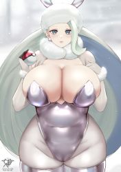 Rule 34 | 1girl, absurdres, animal ears, artist name, blue eyes, breasts, cleavage, creatures (company), fake animal ears, game freak, gloves, hat, highres, holding, huge breasts, kaos art, leotard, lipstick, long hair, looking at viewer, makeup, mature female, melony (pokemon), nintendo, playboy bunny, plump, poke ball, pokemon, pokemon swsh, rabbit ears, solo, thighs, very long hair, white hair, wide hips
