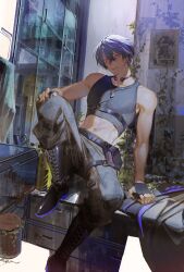 Rule 34 | 1boy, absurdres, aotsuki slip, bishounen, black gloves, crop top, dog tags, fingerless gloves, full body, gloves, highres, indie virtual youtuber, male focus, midriff, mole, mole under mouth, outdoors, purple eyes, purple hair, sitting, solo, toned, toned male, virtual youtuber, zbntime