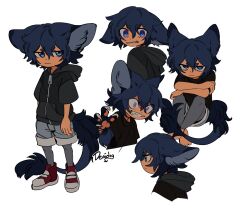 Rule 34 | 1boy, animal ears, animal hands, artist name, black jacket, blue eyes, blue hair, child, claws, clenched teeth, closed mouth, constricted pupils, deviidog0, full body, fur-tipped tail, grey shorts, grin, hand up, highres, hood, hood down, hooded jacket, jacket, knees up, looking at viewer, looking back, looking to the side, male focus, monster boy, multiple views, original, red footwear, red pupils, shoes, short-sleeved jacket, short eyebrows, short hair, short sleeves, shorts, simple background, sitting, smile, sneakers, standing, tail, teeth, white background