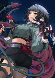 1girl black_gloves black_shorts blunt_bangs cowboy_shot fingerless_gloves fur-trimmed_jacket fur_trim gloves green_eyes green_hair high-waist_shorts jacket jane_doe_(zenless_zone_zero) long_hair looking_at_viewer mouse_girl multicolored_hair night night_sky outdoors parted_lips red_hair shorts sidelocks sky smile solo star_(sky) starry_sky tail ten-chan_(eternal_s) two-tone_hair zenless_zone_zero