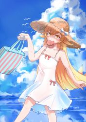 Rule 34 | 1girl, absurdres, bag, bare shoulders, bird, blonde hair, blue sky, blush, bow, breasts, cloud, commentary, doughnut, dress, dress bow, edwardlo311, fang, feet out of frame, food, food in mouth, hat, hat bow, highres, holding, holding bag, long hair, looking at viewer, monogatari (series), mouth hold, ocean, oshino shinobu, pink bow, shaded face, skin fang, sky, sleeveless, sleeveless dress, small breasts, solo, straw hat, striped, sun hat, sundress, vertical stripes, very long hair, walking, white bow, white dress, yellow eyes