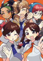 2boys 3girls :d ;) ;o ^_^ anidler91 arven_(pokemon) black_hair blue_hair blue_necktie braid breast_pocket brown_eyes brown_hair clenched_hand closed_eyes creatures_(company) dark-skinned_female dark_skin fingerless_gloves florian_(pokemon) freckles game_freak glasses gloves green_hair grey_eyes hair_over_one_eye highres juliana_(pokemon) light_brown_hair long_hair multicolored_hair multiple_boys multiple_girls naranja_academy_school_uniform necktie nemona_(pokemon) nintendo one_eye_closed open_clothes open_mouth open_vest orange_background orange_eyes orange_necktie penny_(pokemon) pocket pokemon pokemon_sv red_gloves red_hair round_eyewear school_uniform shirt short_hair short_sleeves side_braid smile streaked_hair two-tone_hair uva_academy_school_uniform vest white_shirt yellow_vest