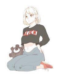 Rule 34 | 1girl, absurdres, aihara akito, black shirt, black sweater, blonde hair, braid, crop top, cropped sweater, earrings, flat color, full body, hair behind ear, hand on own hip, highres, jewelry, leggings, midriff, navel, original, parted bangs, seiza, shirt, shoes, short hair, simple background, single braid, sitting, sneakers, solo, sweater, white background, yellow eyes