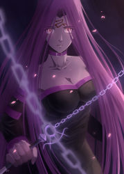 Rule 34 | 1girl, bad id, bad pixiv id, blurry, breasts, chain, cleavage, collar, depth of field, detached sleeves, dress, facial mark, fate/stay night, fate (series), female focus, forehead mark, glowing, glowing eyes, hei tong shi, highres, long hair, looking at viewer, medusa (fate), medusa (rider) (fate), nameless dagger (fate), petals, purple hair, solo, square pupils