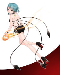 Rule 34 | 1girl, back, bad id, bad pixiv id, bare shoulders, bikini, bikini top only, black footwear, black ribbon, black skirt, blue hair, choker, cross-laced clothes, earrings, eyes visible through hair, fire, full body, gotou (nekocat), high heels, highres, jewelry, miniskirt, multiple tails, original, pointy ears, purple eyes, ribbon, shoes, short hair, skirt, solo, strapless, swimsuit, tail, white background, wrist cuffs