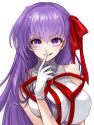 Rule 34 | 1girl, absurdres, bare shoulders, bb (fate), bow, breasts, fate/grand order, fate (series), finger to mouth, ginshima jill, gloves, hair between eyes, hair bow, highres, large breasts, long hair, looking at viewer, purple eyes, purple hair, red bow, simple background, smile, tongue, tongue out, white background, white gloves