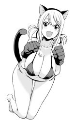 Rule 34 | 1girl, animal ears, barefoot, bikini, breasts, cat ears, cat tail, cleavage, fairy tail, fake animal ears, gloves, greyscale, happy, large breasts, looking at viewer, low twintails, lucy heartfilia, monochrome, open mouth, simple background, smile, solo, swimsuit, tail, tamagoroo, twintails, white background, wide hips