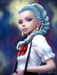 Rule 34 | 10s, 1girl, aqua hair, backlighting, braid, death parade, earrings, eyebrows, eyelashes, gohpot, hair over shoulder, hair tie, highres, jewelry, long hair, neck ribbon, nona (death parade), purple eyes, realistic, ribbon, signature, single braid, smile, solo, suspenders, watermark, web address