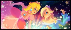 Rule 34 | 2girls, blonde hair, blue dress, blush, breasts, cleavage, closed mouth, crown, dress, earrings, elbow gloves, gem, gloves, hair over one eye, holding, holding wand, jewelry, jisoo kim, long hair, long sleeves, mario (series), medium breasts, multiple girls, nintendo, open mouth, pink dress, princess, princess peach, puffy short sleeves, puffy sleeves, rosalina, short sleeves, smile, star (symbol), star earrings, super mario galaxy, swept bangs, upper body, wand, wide sleeves