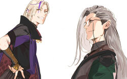 Rule 34 | 2boys, black shirt, blonde hair, brown coat, clenched teeth, closed mouth, coat, collared shirt, comb over, eyewear strap, from side, glasses, grey eyes, grey hair, grey shirt, grin, hand on own hip, holostars, holostars english, long hair, looking at viewer, looking to the side, magni dezmond, male focus, mole, mole under mouth, multicolored hair, multiple boys, noir vesper, pako (pakosun), parted bangs, piercing, pointy ears, print hair, purple hair, shirt, short sleeves, simple background, smile, spike piercing, streaked hair, t-shirt, teeth, upper body, vambraces, very long hair, virtual youtuber, white background, yellow eyes