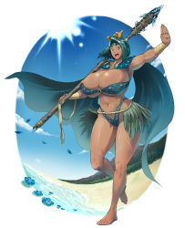 Rule 34 | 1girl, :o, absurdres, aqua bikini, aqua hair, barefoot, beach, between breasts, bikini, blue eyes, blue sky, breasts, cape, cleavage, commentary request, crystal, curvy, dark-skinned female, dark skin, day, feet, fisheye, flower, flower on liquid, full body, grass skirt, green hair, halterneck, halterneck, highres, huge breasts, midriff, navel, open mouth, outdoors, outside border, outstretched arm, over shoulder, petals, pixiv fantasia, pixiv fantasia age of starlight, polearm, raised eyebrows, round image, sasaki tatsuya, scar, short hair, sky, solo, spear, sun, sunlight, swimsuit, teeth, thick thighs, thighs, toes, tribal, upper teeth only, walking, water, weapon, weapon over shoulder, wrist wrap