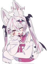 1girl :3 :d ;d animal animal_ear_fluff animal_ears bare_shoulders bat_ears bat_girl bat_hair_ornament bat_wings black_choker black_nails black_ribbon black_wings blush bow cardigan choker clothing_cutout collar crossed_bangs demon_wings detached_sleeves fang fox_ears fox_girl frilled_sailor_collar frills hair_between_eyes hair_ornament hair_ribbon hairclip halo hand_on_own_face head_rest head_wings heart heart_choker heart_hair_ornament highres jacket karin_(vrchat) long_hair long_sleeves looking_at_viewer low_wings masirokuro4696 mini_wings multicolored_hair nail_polish o-ring o-ring_choker one_eye_closed open_mouth pink_bow pink_eyes pink_hair pink_sailor_collar pink_shirt pink_skirt red_eyes ribbon sailor_collar shirt shoulder_cutout simple_background skin_fang skirt sleeves_past_fingers sleeves_past_wrists smile solo streaked_hair sweater twintails upper_body vrchat white_background white_cardigan white_hair white_jacket white_shirt white_sleeves white_sweater wing_hair_ornament wings x_hair_ornament