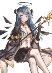 Rule 34 | 1girl, absurdres, arknights, black gloves, blue eyes, blue hair, c (2330509), gloves, halo, highres, holding, holding staff, horns, long hair, looking to the side, mostima (arknights), mostima (spellbreaker) (arknights), official alternate costume, sitting, solo, staff, wings