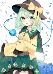 Rule 34 | 1girl, blue eyes, blue flower, blue rose, blush, bow, contrapposto, cowboy shot, crying, crying with eyes open, floppy sleeves, floral print, flower, frilled shirt collar, frills, green hair, green skirt, hat, hat bow, komeiji koishi, long hair, looking at viewer, open mouth, petals, rose, shirt, simple background, skirt, sleeves past fingers, sleeves past wrists, solo, tears, third eye, touhou, white background, yellow bow, yellow shirt, yumeno ruruka
